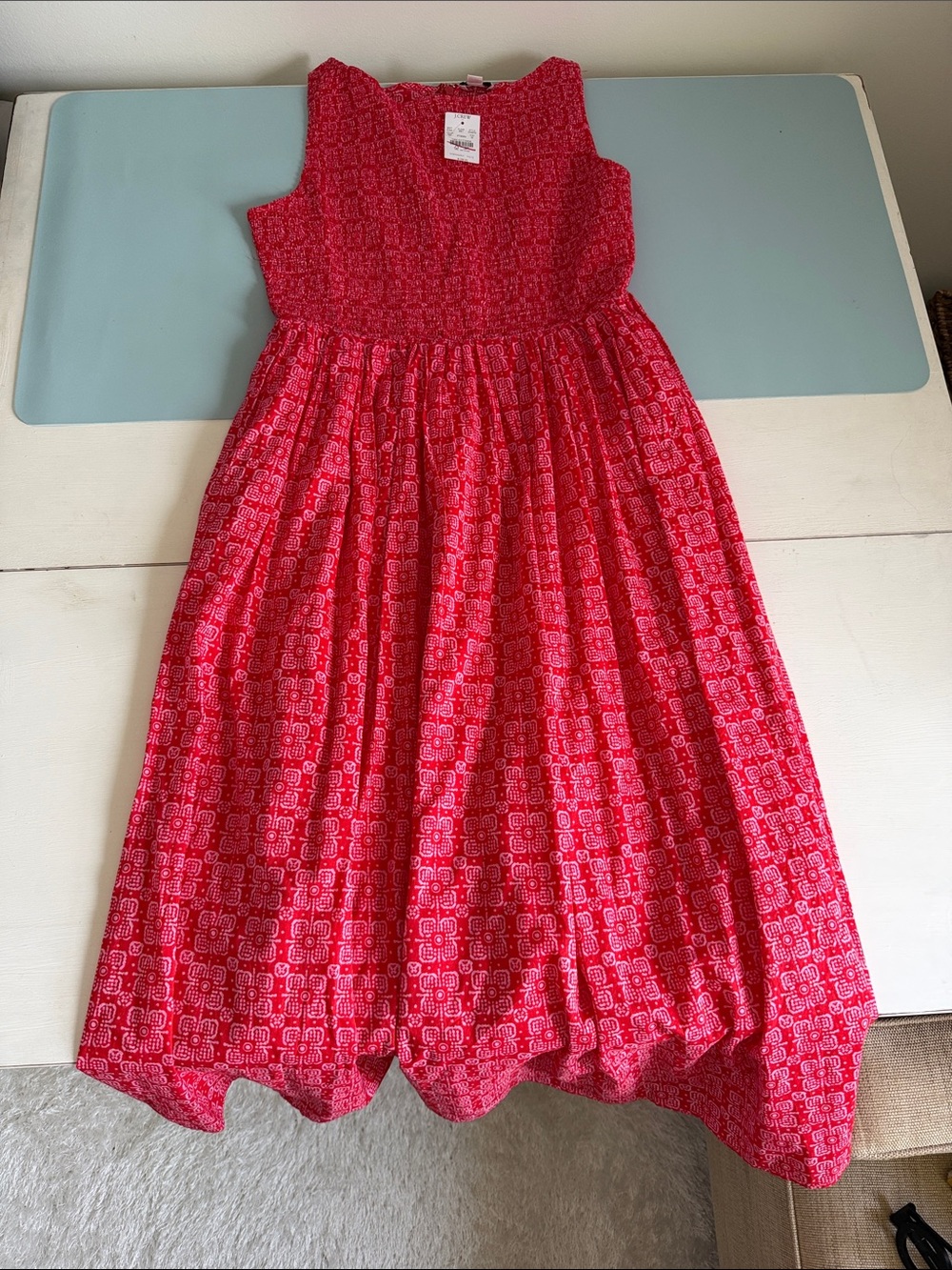 J.Crew Smocked Midi Dress Red and Pink Print Medium NWT Pockets and lined